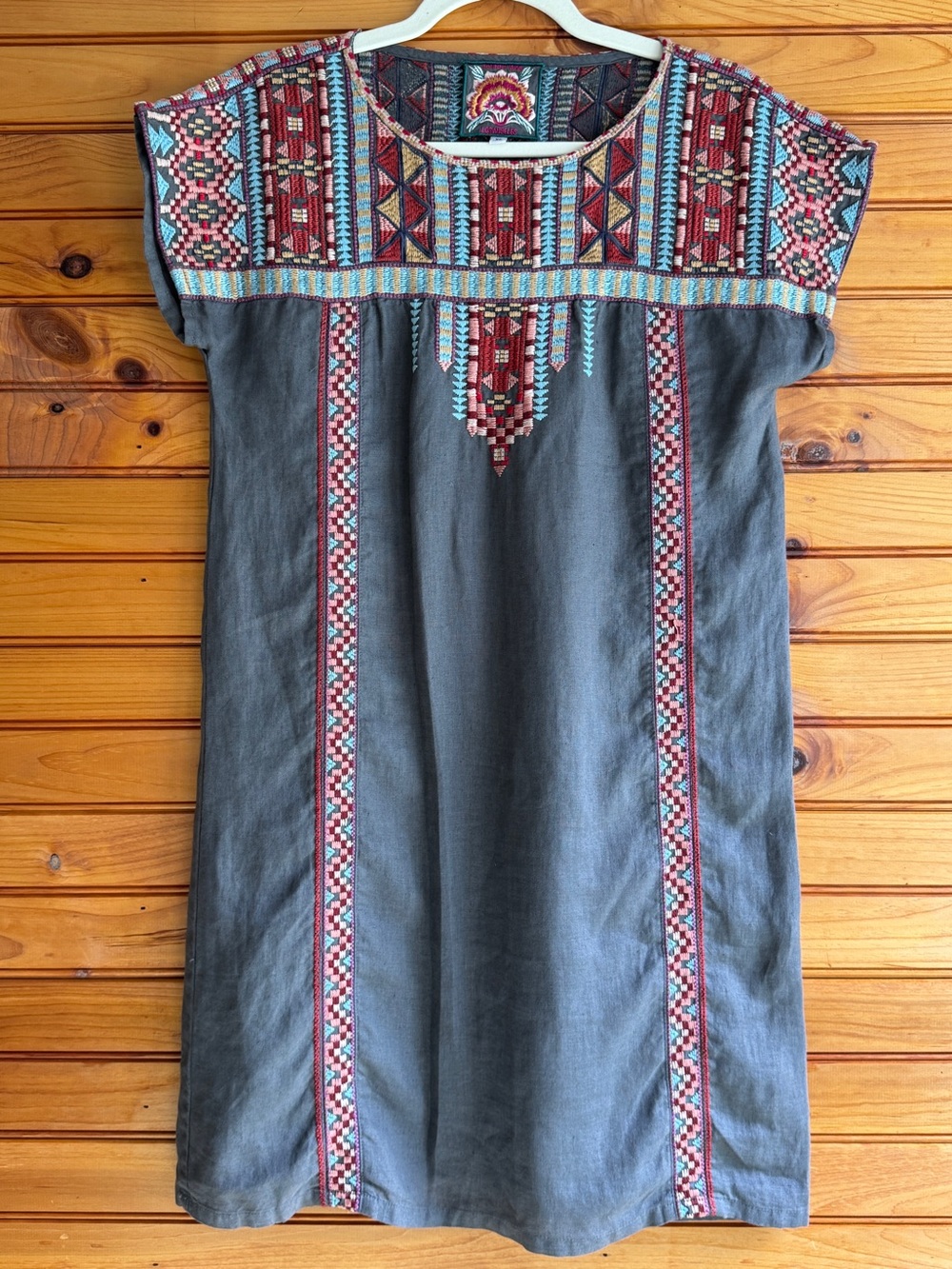 Johnny Was Ezra Embroidered Linen Mini Shift Dress XS Boho Art to Wear Folk Art